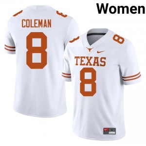 Texas Longhorns Cam Coleman #8 White Jersey | Genuine Stitched NCAA Football Women Apparel 65399681